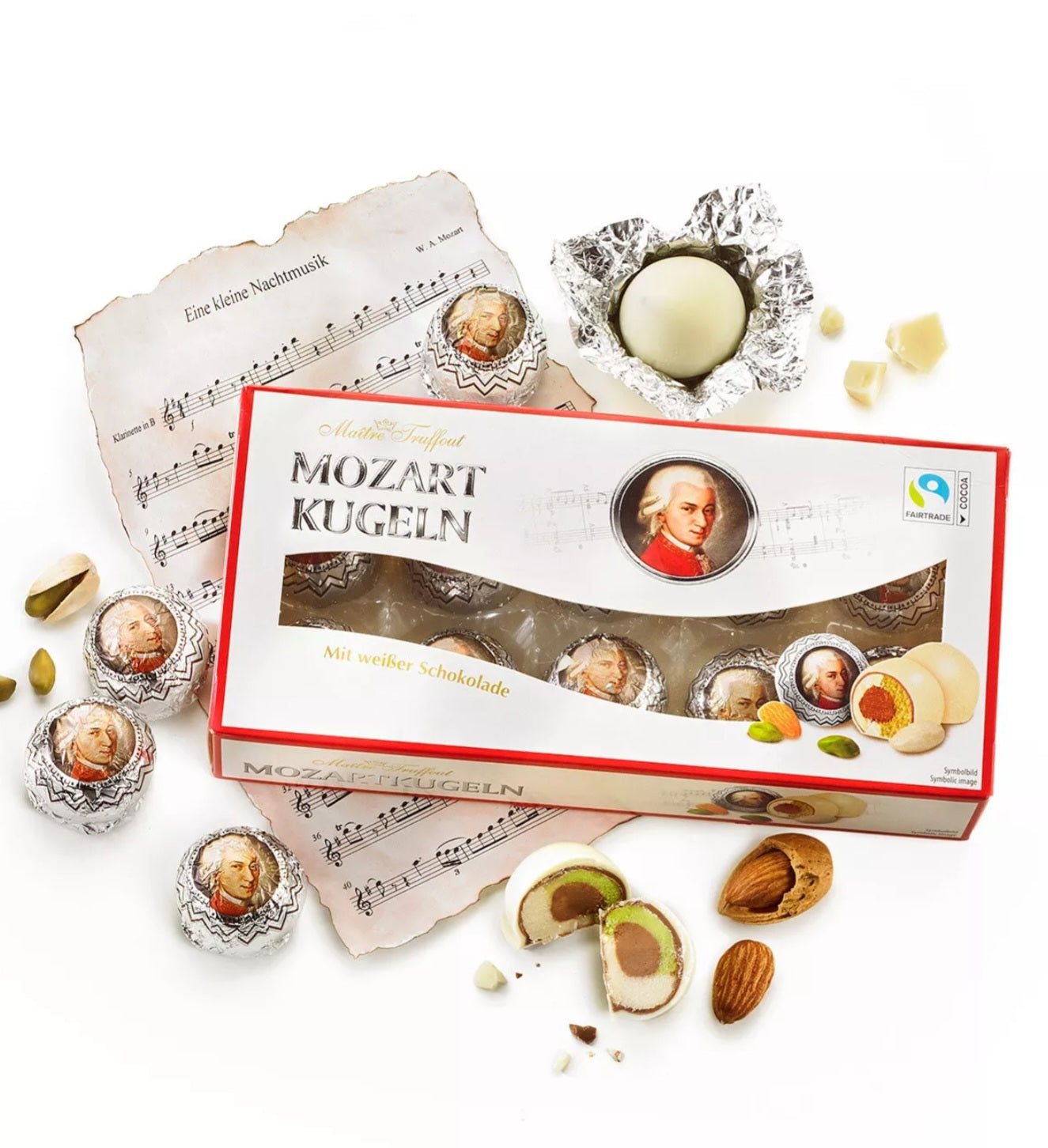 200g Mozartkugeln Weißer Choco gefüllt mit Pistazienmarzipan Haselnussnougat