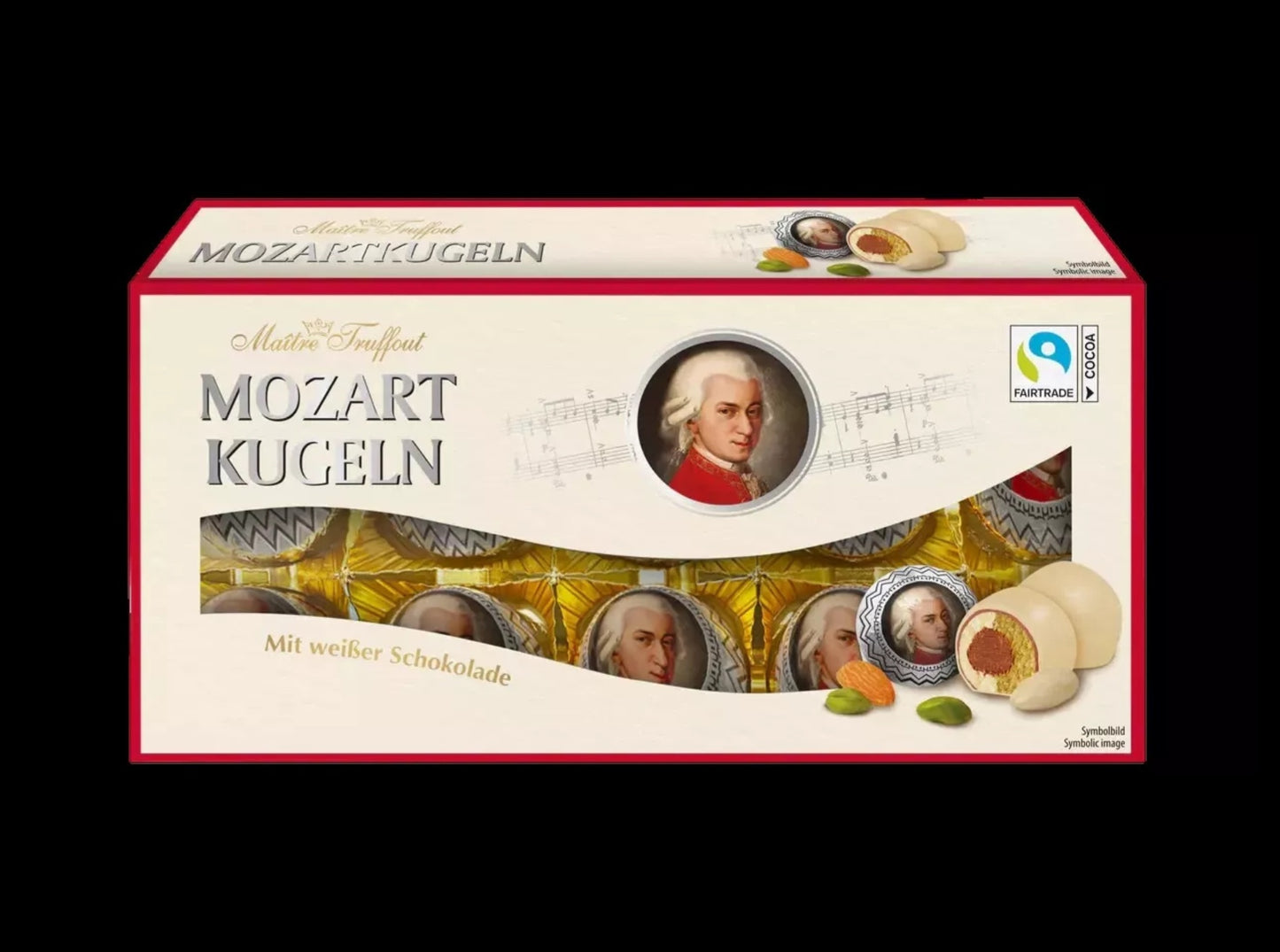 200g Mozartkugeln Weißer Choco  gefüllt mit Pistazienmarzipan Haselnussnougat